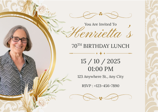 Gold and Cream Floral 70th Birthday Lunch Invitation
