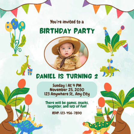 Cute Dinosaur Theme Kids Birthday Party Invitation