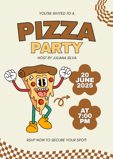 Brown and Grey Illustrative Retro Pizza Party Invitation