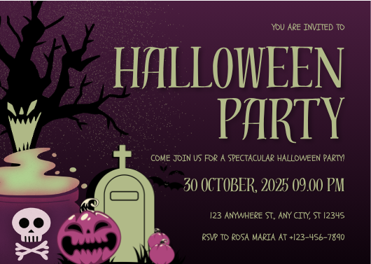 Purple and Grey Illustrative Halloween Party Invitation