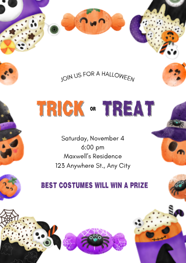 Cute Orange & Purple Trick or Treat Halloween Invitation
