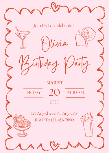 Editable Pink and Red Doodle Style Birthday Party Invite