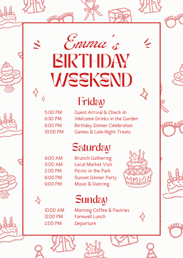 Red Playful Birthday Weekend Itinerary Design