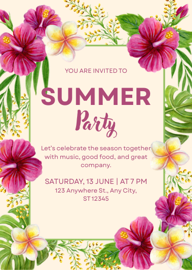 Pink and Green Floral Summer Party Invitation Template