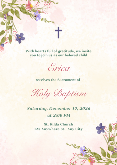 Floral Pink and Purple Traditional Baptism Invitation
