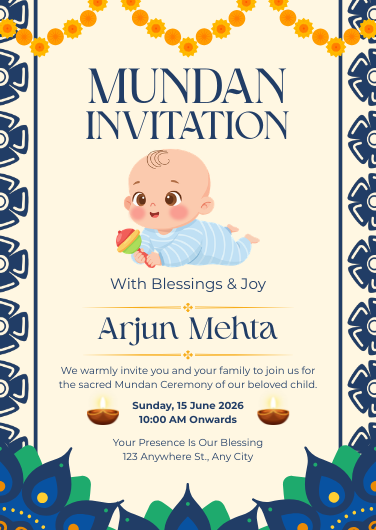 Traditional Beige and Blue Mundan Invitation Template