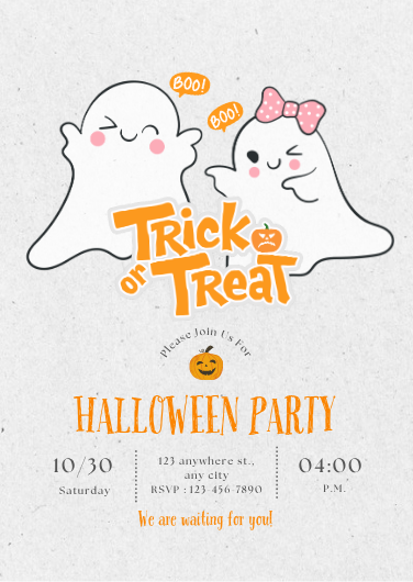 Cute Orange and White Kids Halloween Party Invitation