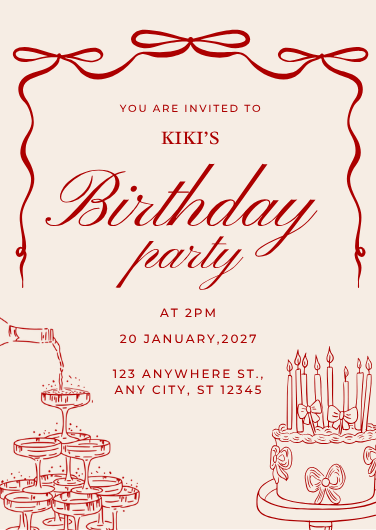 Red and Cream Illustrated Birthday Party Invitation
