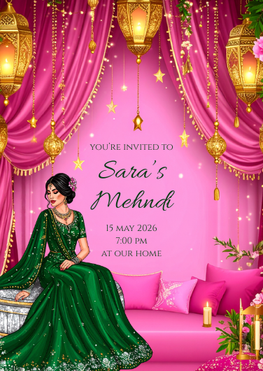 Customizable Green and Pink Mehndi Invitation Design