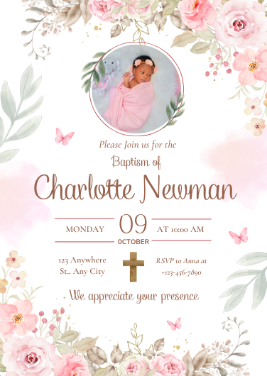 Pink and White Illustrated Baptism Invitation Template