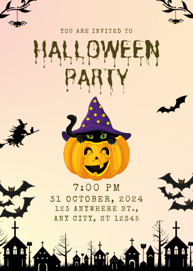 Spooky Black Cat and Pumpkin Halloween Party Invitation