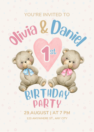 Watercolor Teddy Bear Twin 1st Birthday Invitation