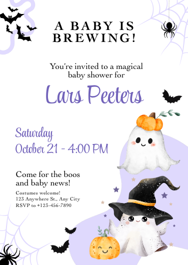 Cute White and Purple Halloween Baby Shower Invitation