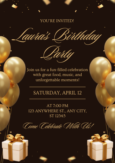 Elegant Gold and Black Birthday Party Invitation Template