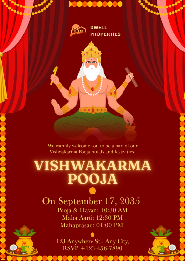 Red and Maroon Traditional Vishwakarma Pooja Invitation