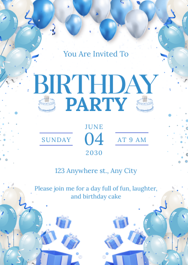 Blue and White Playful Birthday Party Invitation Template