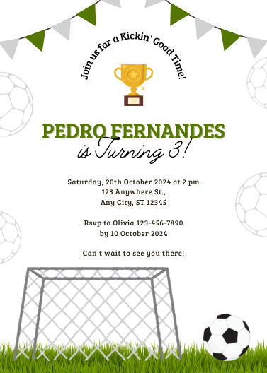 White and Green Soccer Theme Birthday Party Invitation