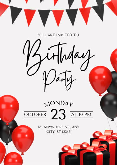 Modern Red and Black Balloon Birthday Party Invitation