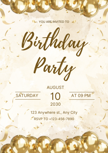 Gold and Cream Watercolor Birthday Party Invitation