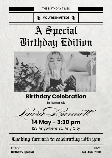 Black & White Vintage Newspaper Birthday Invitation