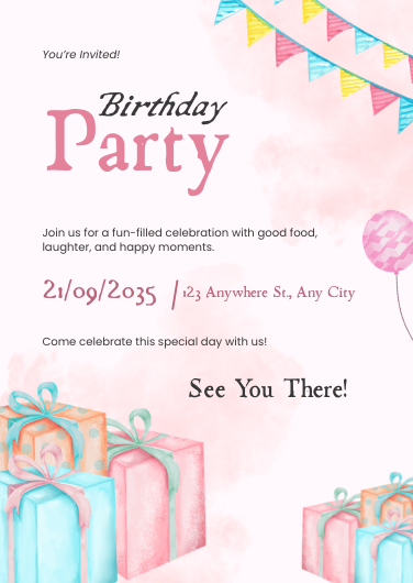 Playful Pink, Blue, and Gold Birthday Party Invitation Template