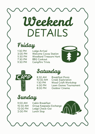 Green Illustrated Camp Bachelorette Weekend Itinerary