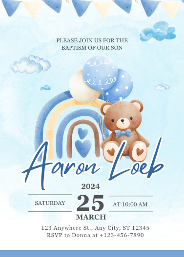 Cute Watercolor Teddy Bear Baptism Invitation Template