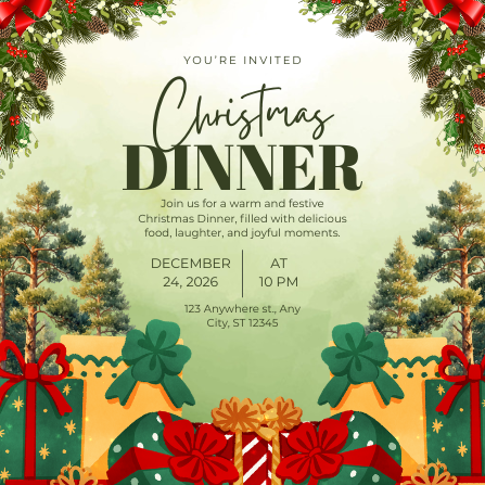 Green and Red Illustrated Christmas Dinner Invitation