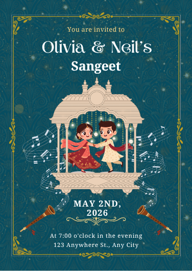 Teal and Gold Illustrated Sangeet Invitation Template