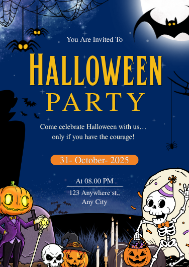 Blue and Gold Illustrated Halloween Party Invitation