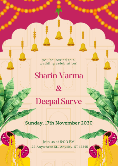 Pink and Yellow Festive Wedding Invitation Template