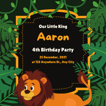 Jungle Baby Lion Green and Yellow Birthday Invitation