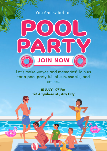 Pink and Green Simple Pool Party Invitation Template