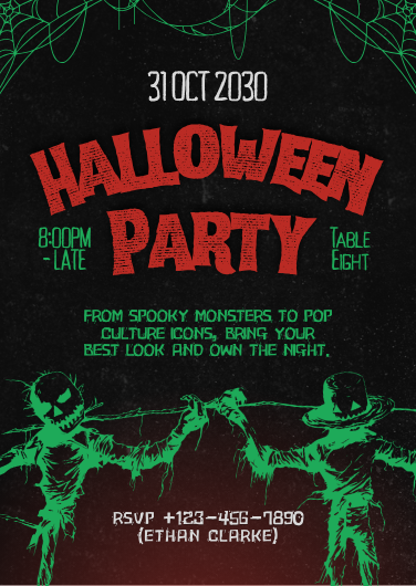 Black and Neon Green Scarecrow Halloween Party Invitation