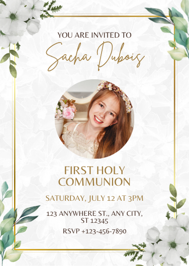 Floral First Holy Communion Invitation with Photo