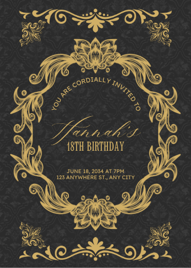 Black and Gold Elegant Vintage Debut Invitation Template