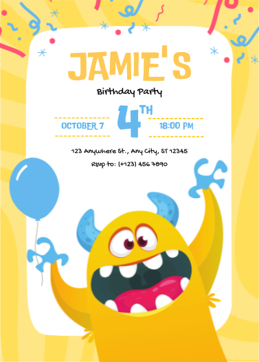 Playful Yellow Monster Birthday Invitation Template