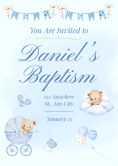 Playful Blue Watercolor Baptism Invitation Template