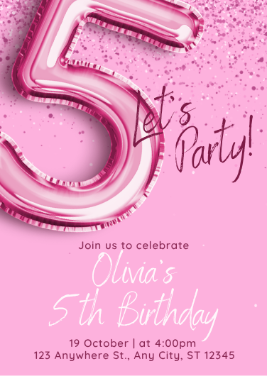 Pink Foil Balloon 5th Birthday Invitation Template