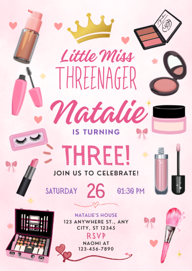 Pink and Gold Threenager Birthday Invitation Template