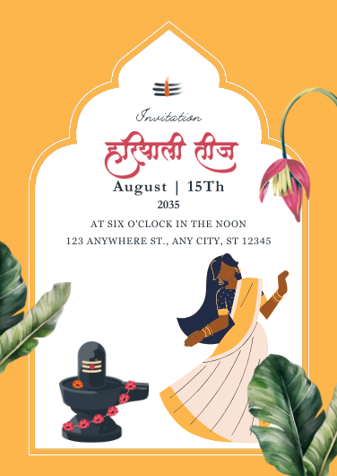 Yellow and White Illustrated Hariyali Teej Invitation