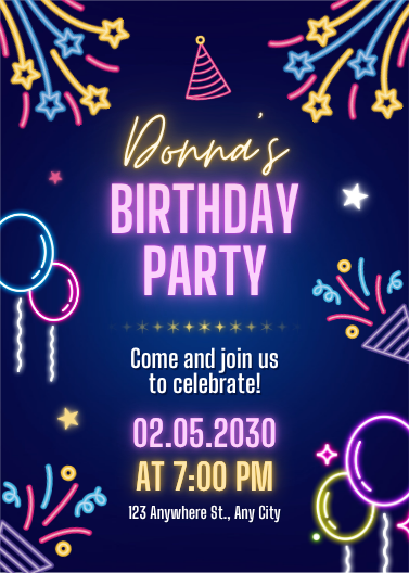 Blue Colorful Neon Birthday Party Invitation Template