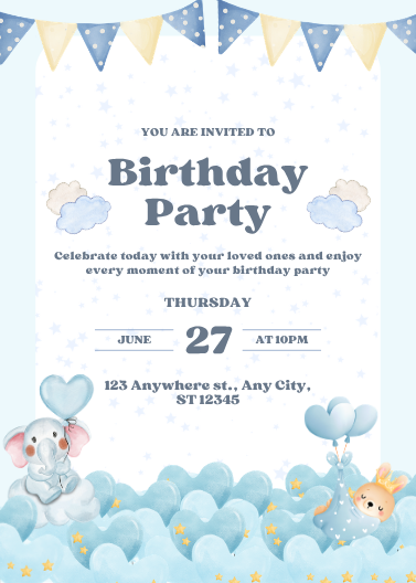 Blue Watercolor Cute Animal Birthday Invitation Template