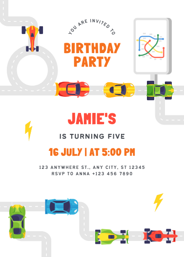 Colorful Racing Cars Birthday Invitation Template