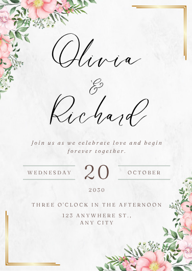 Pink and Gold Elegant Floral Wedding Invitation Template