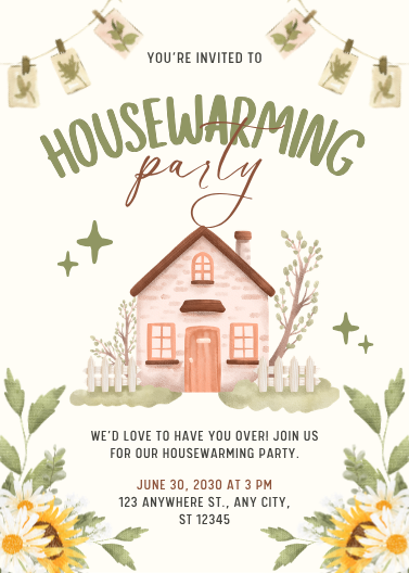 Green and Beige Watercolor Housewarming Party Invitation