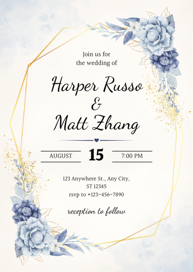 Blue, White & Gold Elegant Wedding Invitation Template