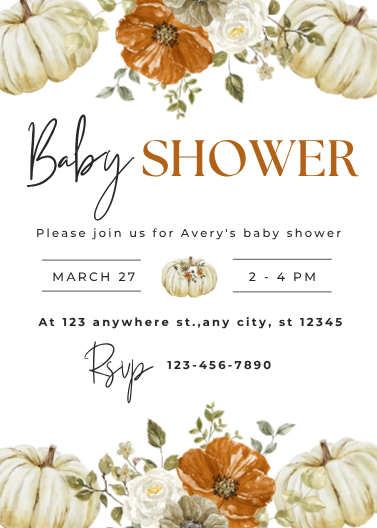 Orange Floral Pumpkin Fall Baby Shower Invitation Template