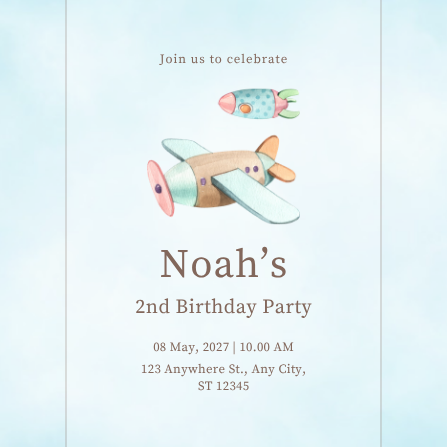 Blue and Brown Watercolor Birthday Party Invitation