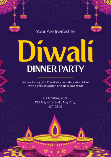 Purple and Yellow Illustrative Diwali Dinner Party Invitation